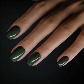 24pcs Square False Nails Short Stick on Nails Dark Green Press on Nails Removable Glue-on Nails Fake Nails Women Girls Nail Art Accessories