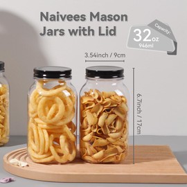 Naivees 32 OZ Mason Jars Clear Plastic Storage Containers with Black Screw-On Lids Plastic Airtight Jars,BPA Free(12 Pack)