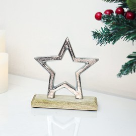 com-four® Premium Decorative Stand Star - Star Statue Made of Nickel-Plated Aluminium on Mango Wood Base - Decorative Star for Standing - Great Star Decoration (Silver - Small Star)