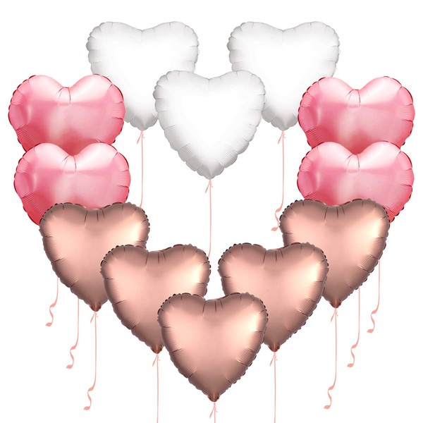 Rose Gold Heart Balloons - Pack of 12 - Foil Heart Shaped Balloons | 18 Inch, Blush Pink, White and Rose Gold Heart Balloon | Valentine Balloons for Birthday Party Supples | Balloon Arch Rose Gold Kit