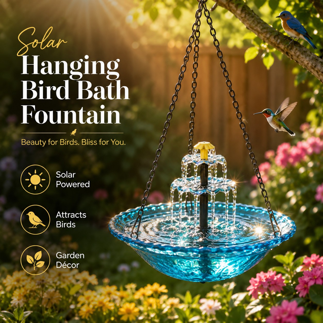Hanging Solar Bird Bath Fountain for Garden Decor – 3-Tier Waterfall Feeder Tray for Hummingbirds & Small Birds