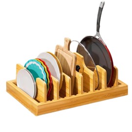 LONG TAO Bamboo Pot Lid Organizer Adjustable Pot Lids Holder Tray Organizer Inside Cabinet Countertop Storage Rack Durable Non-Slip Holder Space-Saving Cookware Storage for Multiple Lids