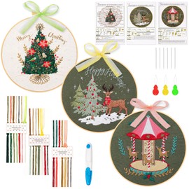 JSRQT Christmas Embroidery Kit for Beginner Adults, 3 Sets Full Range Embroidery Starter Kits, Cross Stitch Kit Green Christmas Pattern, Hand Embroidery Kit with Tool Set for Home Decoration