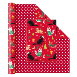 WERNNSAI Kitty Christmas Wrapping Paper Roll Red - 1 Roll 17” x 33 ft New Year Christmas Party Birthday Gift Wrap Paper Decorative Art with Cat Cartoon Image of Retro Polka Dot