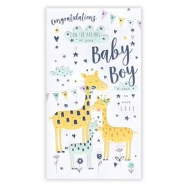 New Baby Boy Congratulations Card - Giraffe Family and Love Hearts - Special Finishes and Illustrated Insert Leaf - Made in the UK
