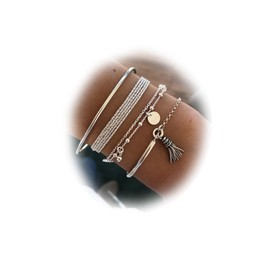 TseenYi Silver Bracelet Set Boho Layered Bangle Tassel Pendant Bracelet Stacked Open Wrist Chain Fashion Bracelet Jewellery for Women and Girls Gift Christmas 4 Pieces, Metal