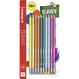 Hexagonal Graphite Pencil with Eraser - STABILO pencil 160 - Pack of 10 - Yellow, Orange, Blue, Petrol, Pink - HB