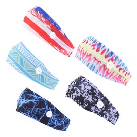 Beavorty 5pcs Cotton Headband Set with Button for Yoga and Outdoor Sports Featuring Flag Geometry Sawtooth and Flash Patterns Comfortable and Sweat Absorbent for Women