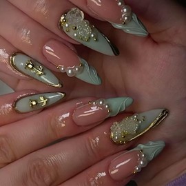 Green French Tips Press on Nails Long Almond Fake Nails with 5D Flower Design Rhinestones Pearl False Nails Glossy Gold Curve Dragon Rose Stick on Nails Handmade Nails for Women Girls Manicure 24Pcs