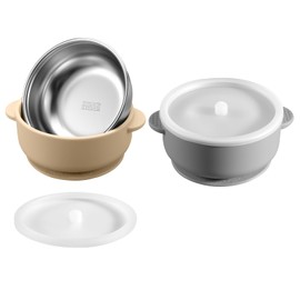 Dovesail 2 Pack Stainless Steel Baby Bowls with Removable Non-Slip Silicone Suction Shell and Lids, Anti Scald Food Container for Baby Food Feeding-Gray & Cream