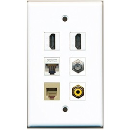 RiteAV - 2 HDMI 1 Port RCA Yellow 1 Port Coax Cable TV- F-Type 1 Port Phone RJ11 RJ12 Beige 1 Port Cat5e Ethernet White Wall Plate