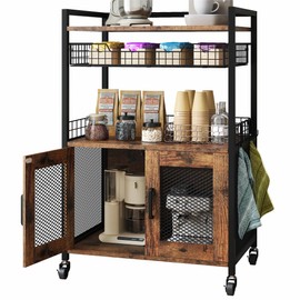 Hencawima Coffee Bar Cabinet, 3 Tier Coffee Station Table on Wheels, 35.9" H Bar Cart with Wire Basket Drawer & 5 Hooks for Home Kitchen, Liquor Buffet Sideboard Cabinet (Rustic Brown)