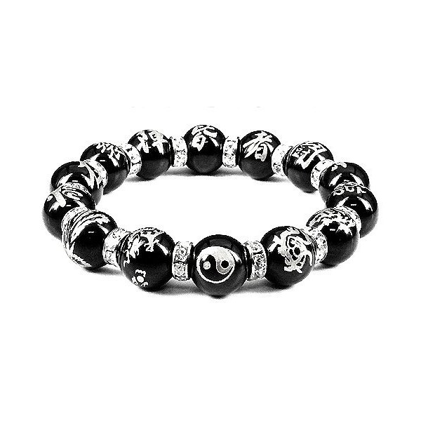 tb06 Strongest Self Defense, Good Luck [Yin Yang Nine Characters, Yin Yang Taiji, Four Beasts] Silver Carved 0.5 inch (12 mm), Onyx Prayer Beads Bracelet, Natural Stone Power Stone (si), Stone Silver