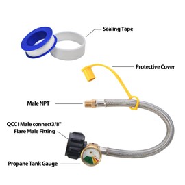 ABYDA 15 Inch RV Propane Hoses with Gauge 2 Pack, Stainless Steel Braided Camper Tank Hose, RV Propane Hose for Standard Two-Stage Regulator, 40Lb 250PSI, 1/4" Male NPT/QCC1 Type1 Inlet