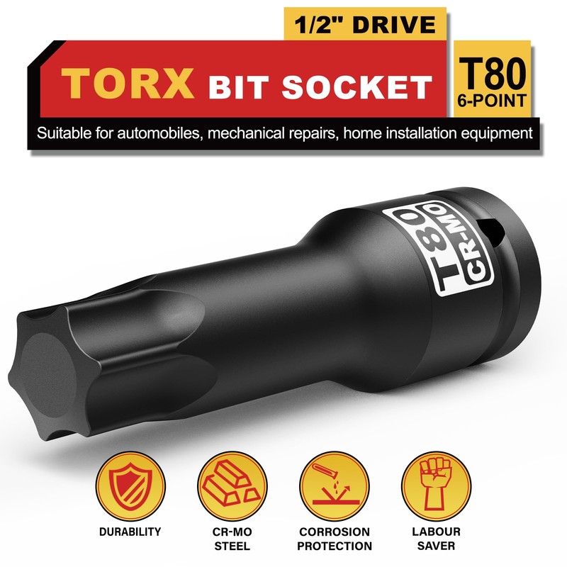 KIRXST 1/2" Drive T80 Torx Bit Socket, 6 Point Star