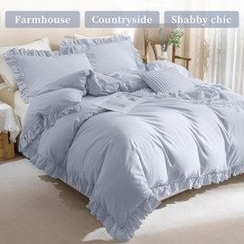 QSH 100% Washed Cotton Ruffle Duvet Cover King Size,3 Pieces Cornflower Blue Farmhouse Vintage Shabby Comforter Cover Linen Feel French Country Rustic Bedding Set Soft Breathable Quilt Cover Set