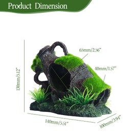 AnRui Aquarium Decor Green Moss Incline Pot, Pottery Jar Fish Tank Decorations Hideout Cave Ornament for Betta Fish Tank Decor and Cichlid Habitat