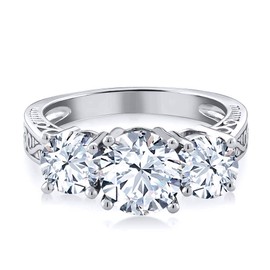 Gem Stone King 925 Sterling Silver White Topaz 3-Stone Engagement Ring For Women (2.90 Cttw, Gemstone Birthstone, Round 7MM and 5MM, Size 5)