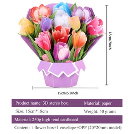 Hierein Mum Birthday Card, 3D Tulips Flower Bouquet Pop Up Birthday Card with Notecard Envelope, Gifts for Mom, Get Well Soon, Retirement Cards, Thank You Card, Mother’s Day Card, Valentines Day Card