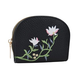 WishLotus Small Wallets for Women, Embroidered Flower Woman Wallet with Zipper Leather Card Holder Wallet for Women Girl (Black)
