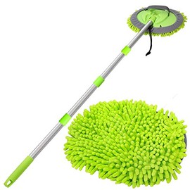 WillingHeart 63" Car Wash Mop Brush Tool Mitt with Long Handle Length More Suitable for Washing American Cars Truck, SUV, RV, Trailer, 2 in 1 Chenille Microfiber Duster Not Hurt Paint Scratch Free
