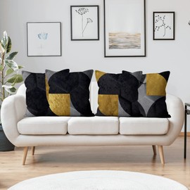 ASDCXZ Black Cushion Cover, 50 x 50 cm, Set of 4, Northern Europe Modern Grey Black Yellow Sofa Decorative Cushion Covers Cushion Covers Washable Polyester Flax Textile Outdoor Pillowcase Cushion