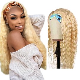 613 Blonde Human Hair Headband Wig Glueless Wig No Lace With Headband 130% Density Hair Wigs Blonde Color Deep Wave Human Hair Wigs For Women Blonde Color 14 Inch