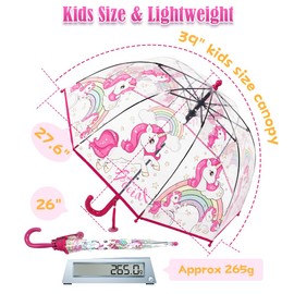 Wxjiahetai Kids Clear Bubble Umbrella Transparent Dome See Through Child Umbrellas for Rain Boys Girls with Pinch-Proof Closure and Easy-Grip Hook Handle(Clear Red Unicorn)
