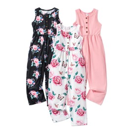 PATPAT Girls Jumpsuits Size 5-6, Pink+Black Floral+White Butterfly, 3 Pcs Jumpsuits Kids Romper 5-6, V Neck Sleeveless Button Down Romper With Pockets, Back To School Outfits Kids Overalls