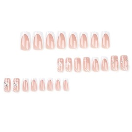 BAOYAALIN Press on Nails Medium Long Square French White Fake Glue on Nails with Flower Design for Women Girls Full Cover Acrylic Rhinestones False Stick on Nail for Daily Wear Wedding 24Pcs
