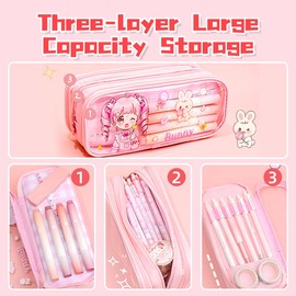 MILLEVIBE ITA Pencil Pouch Kawaii Large Capacity Pen Case : Cute Aesthetic Pencil Box Stationery Supplies for Teen Girls, 4 Included Highlighters (Pink)