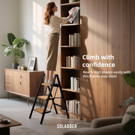 SOLADDER 3 Step Ladder, Anti-Slip and Lightweight Foldable Step Ladder for Adults & Kids to Use in Kitchen,Closet and Library,300lbs(Black+Woodgrain)