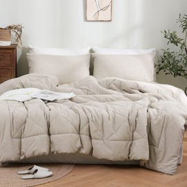 ATsense Queen Comforter Set Tannish Linen Grey, 3 Pieces 100% Washed Cotton Linen Feel, Soft Lightweight Warm Cream Beige Bed Set for All Season(1 Comforter, 2 Pillowcases)