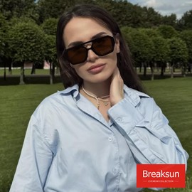Breaksun Retro Aviator Sunglasses for Women Men Trendy 70s Hexagonal Square Double Bridge Vintage Sun Glasses (Black/Brown)