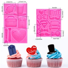 Whaline 2Pcs Father's Day Fondant Molds I Love DAD 3D Silicone Moulds Watch T-shirt Mustache Tie Pattern Resin Molds Cupcake Cookie Baking Decorating Moulds for Happy Father's Day Party DIY Candy