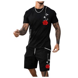 Floerns Men's Graphic Print T Shirt Drawstring Waist Shorts Set 2 Piece Outfit Black Floral X-Large