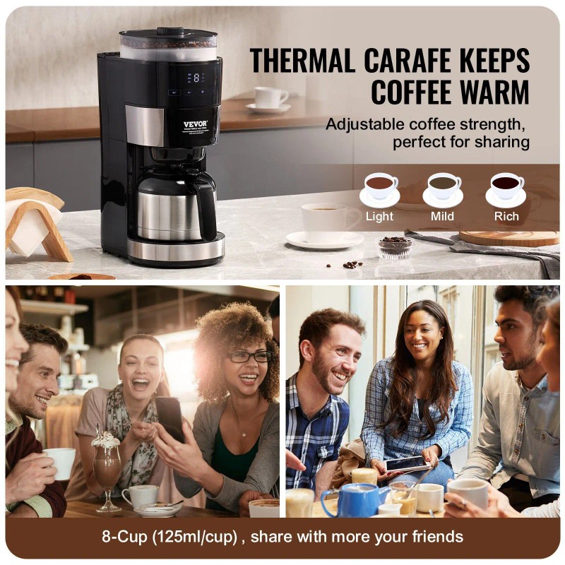 8 Cup Programmable Smart Coffee Maker Grinder 24-Hour Timer Auto