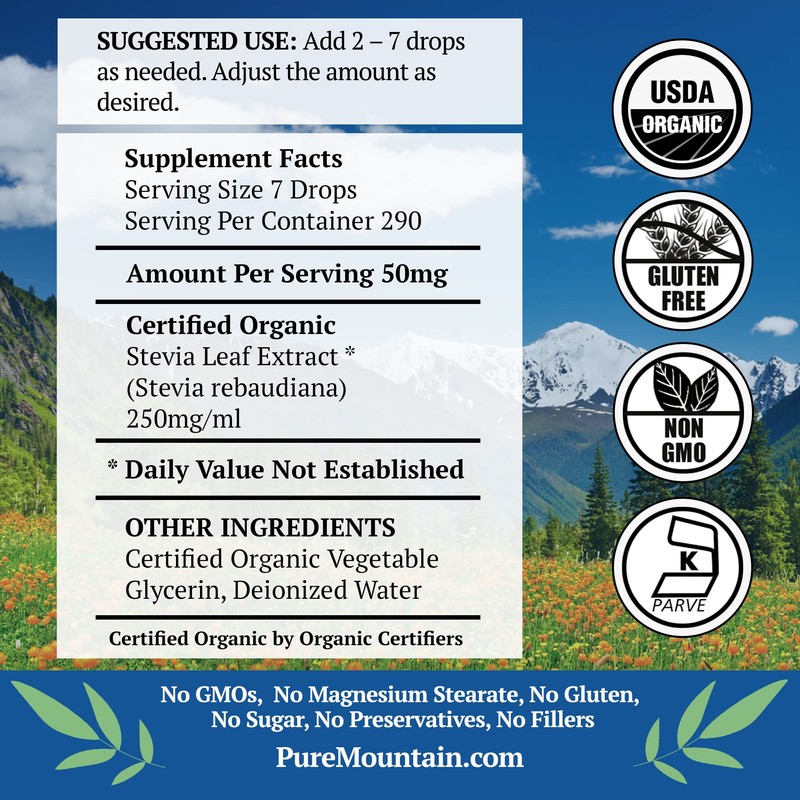 Pure Mountain Botanicals Organic Liquid Stevia Sweetener – Alcohol Free