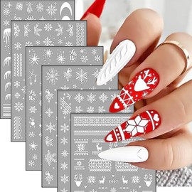 6 Sheet Christmas Nail Art Sticker Decals 3D White Snowflake Elk Design Nail Decals Self-Adhesive Nail Art Supplies Heart Stars Nail Art Sticker Decoration for Women Manicure Accessories Supplies