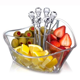 Prodyne Happy Hour Clear 3 Section Tray with Clear Diamond Head Cocktail Picks (Set of 6) Garnish Server
