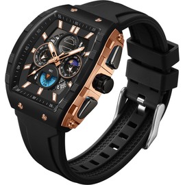 findtime Men's Watch Analogue Watches Fashion Tonneau Rectangle Sport Wrist Watch Military Quartz Chronograph Waterproof Watches with Luminous Calendar Curved Screen