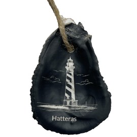 Handmade Cape Hatteras Lighthouse Oyster Shell Ornament, Black, Laser-Engraved, Natural Shell with Jute Hanger