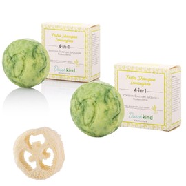 Duschkind Solid Shampoo Lemon Grass with Macadamia Nut Oil, Solid Shower Gel, Natural Cosmetics, Vegan Formula Suitable for Any Hair, Pack of 2, Handmade & Loofah Disc, 100% Organic, Plastic-Free