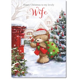 doodlecards Wife Christmas Card Cute Bear Posting a Letter Medium Size Christmas Card for Wife with Plain Envelope