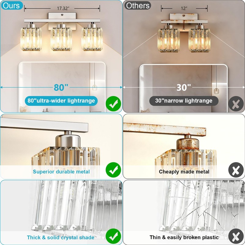 GOLSPARK Modern Crystal Bathroom Vanity Light, 3-Light Brushed Nickel Vanity