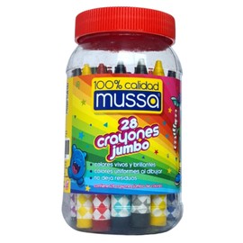 Crayones Jumbo 28 Colores Marca Mussa | Bote con 28 Crayones JUMBO varios colores vivos y brillantes | Bote de crayolas con 28 colores surtidos | Bote Crayolas Mussa Crayones Jumbo