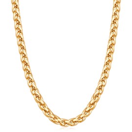 Fiusem Gold Wheat Chain Necklace for Men, 5mm Mens Chain Necklaces, Stainless Steel Necklace Chains for Men and Women, Men Necklace Chain 16 Inch