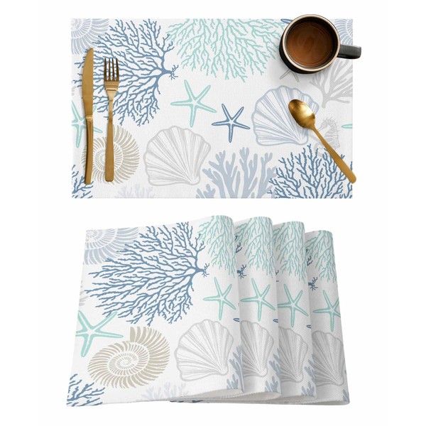 Summer Beach Placemats Set of 4 Blue Teal Coral Starfish
