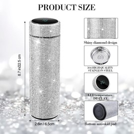 Tioncy Stainless Steel Bling Thermos, 2 Pack - 500ml/17 oz - Glitter Rhinestone Insulated Water Bottle with LED Temperature Display - Smart Gift for Kids & Women