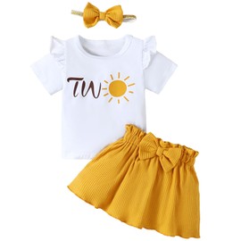 Aslaylme Baby Girl Two Year Old Birthday Outfit Toddler 2nd Birthday Clothes Second Birthday Sun Skirt Set (Yellow,2 T)